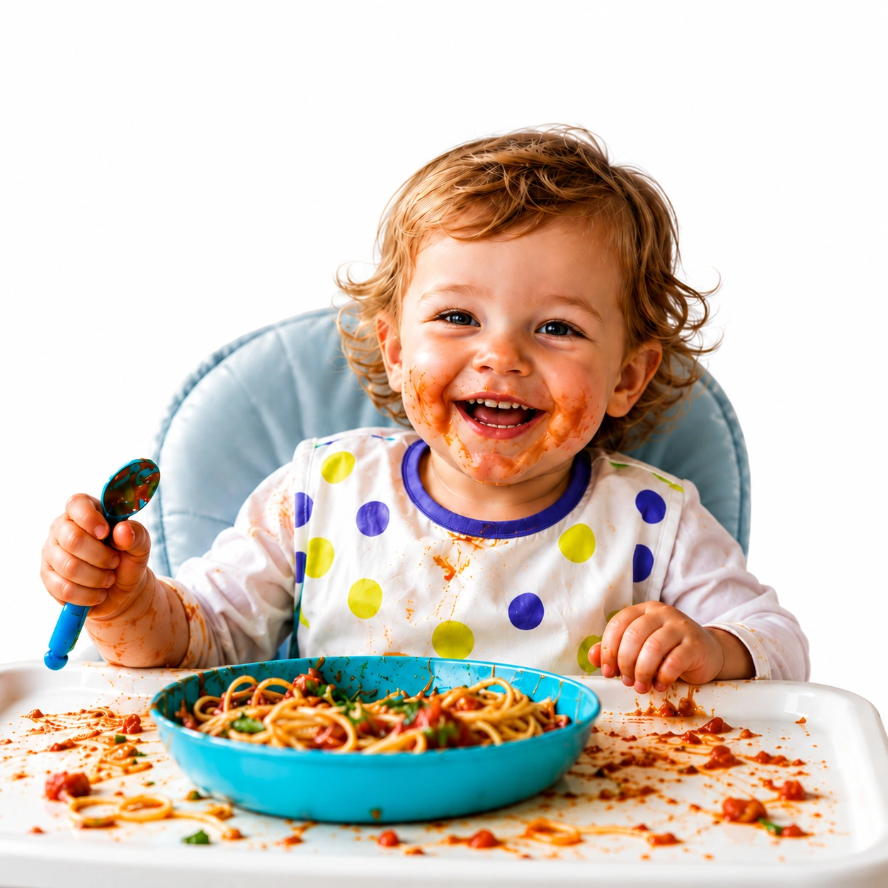 Criança rindo na cadeirinha, com o rosto e o babador sujos de molho de macarrão