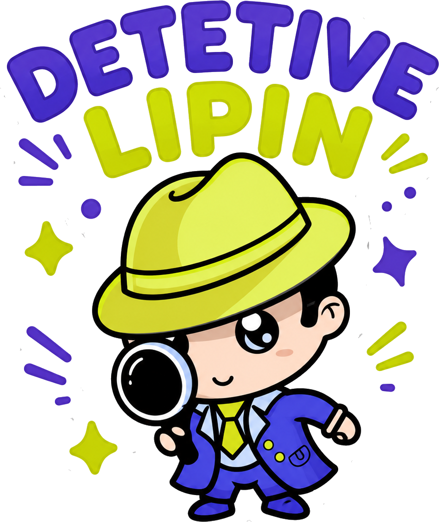 Detetive Lipin oficial, com chapéu verde-limão e lupa